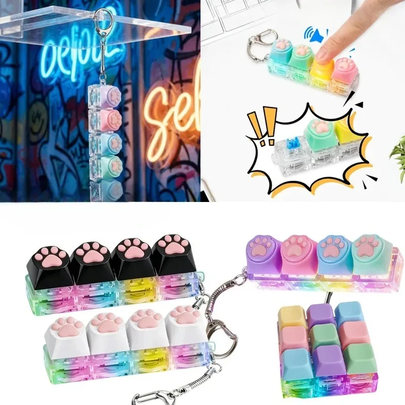 Keyboard-Style Silicone Cat Paw Clicker Keychain with LED Light Glowing Stress Relief Fidget Toy Button for Anxiety Portable