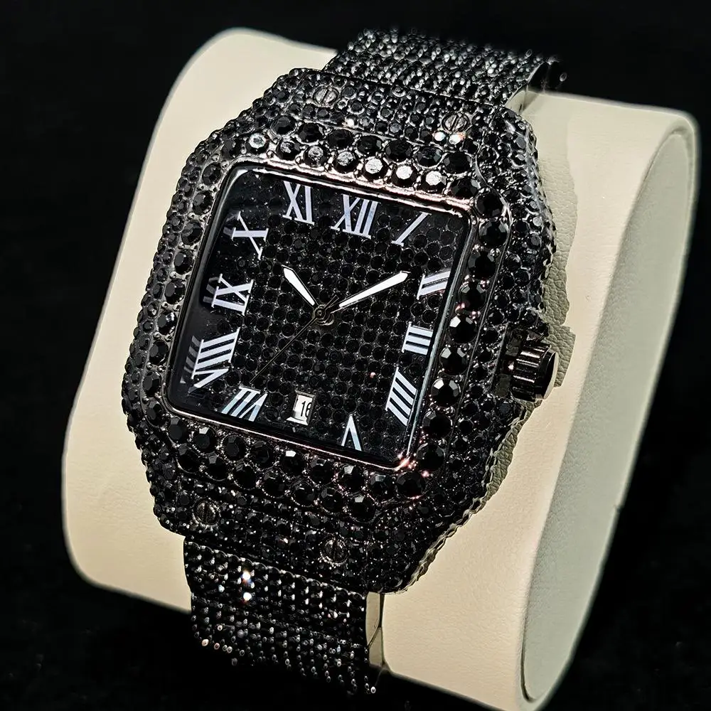 Cool Black Ice Watch For Men Brand UNIGUET Luxury Stainless Steel Quartz Timepiece Man Hip Hop Diamond Square Wristwatch New - Image 5
