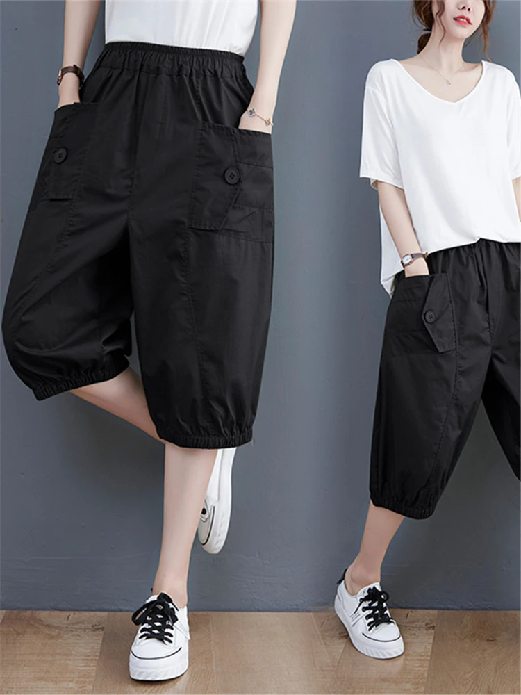 Casual Harlan Women's Pants Elastic Waist Slimming Five-Quarter Length High Waist Korean Style Commute Wind Loose Fit Summer ... 2