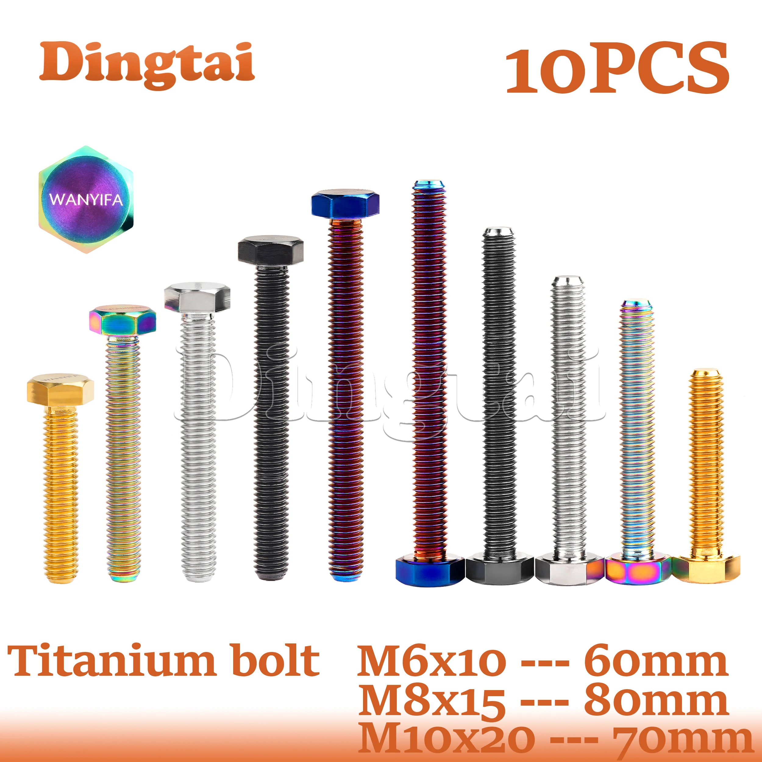 Dingtai Titanium Bolt 10PCS M6/M8/M10x10 -100mm DIN933 External Hexagon Head Full Threaded  Screw for Motorcycle