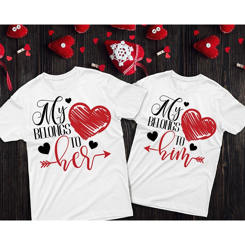 

My Heart Belong To Him/her Print Couples T Shirt Lover T-Shirt for Women Casual Top Tshirt Valentine's Day Outfit Couple Clothes