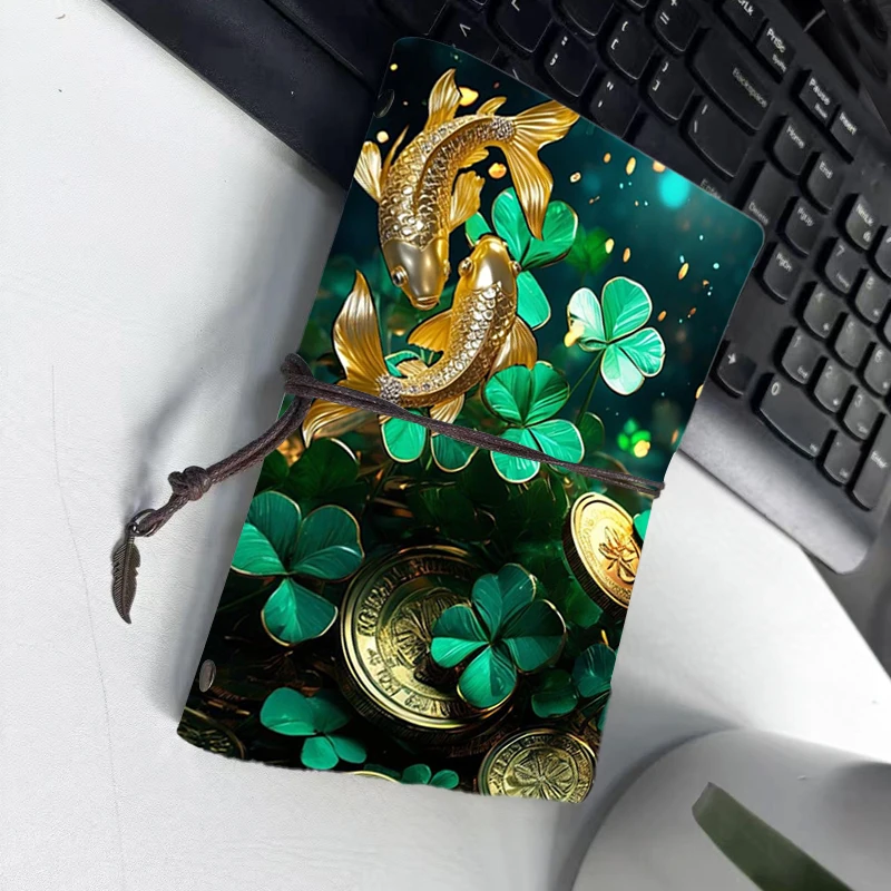 

Feng Shui Lucky Koi & Gold Coin PU Notebook - Four-leaf Clover Print Journal, Feather Pendant Tie Closure for Wealth & Blessings