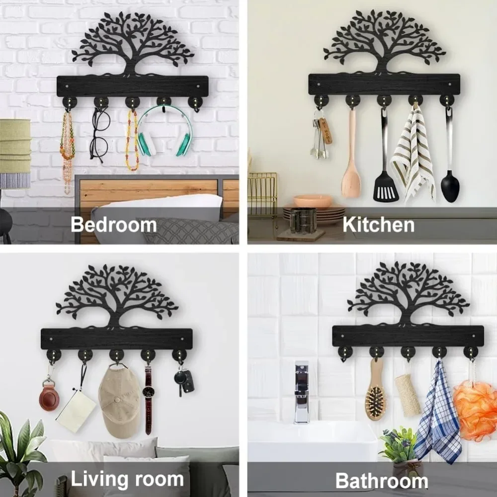Tree of Life Coat Rack Wall Mount 11.8×7.9inch Lush Tree Key Holder for Wall Decorative Wood Black Key Rack Hanger 5 Alloy image 6