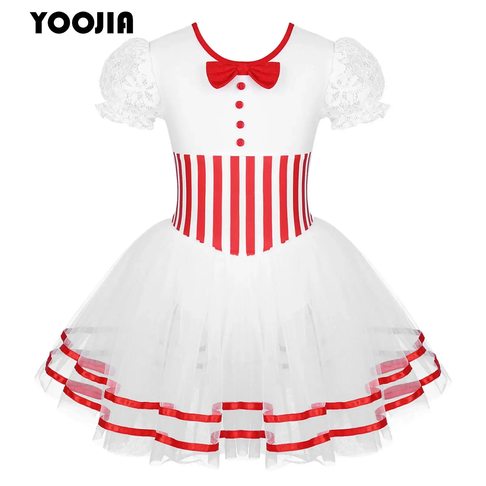 Candy Cane Striped Mesh Tutu Leotard Dress for Kids Girls Bowknot Adorned Christmas Dancewear Mrs Santa Claus Ballet Costume