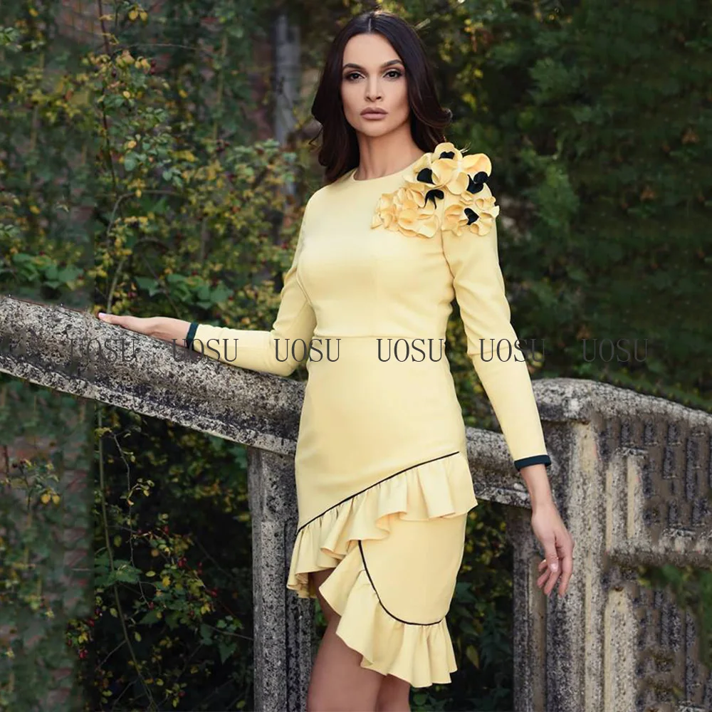 Abito corto per la madre della sposa giallo chiaro maniche lunghe abiti da festa di nozze per elegante Vestido de Madrinha 2023