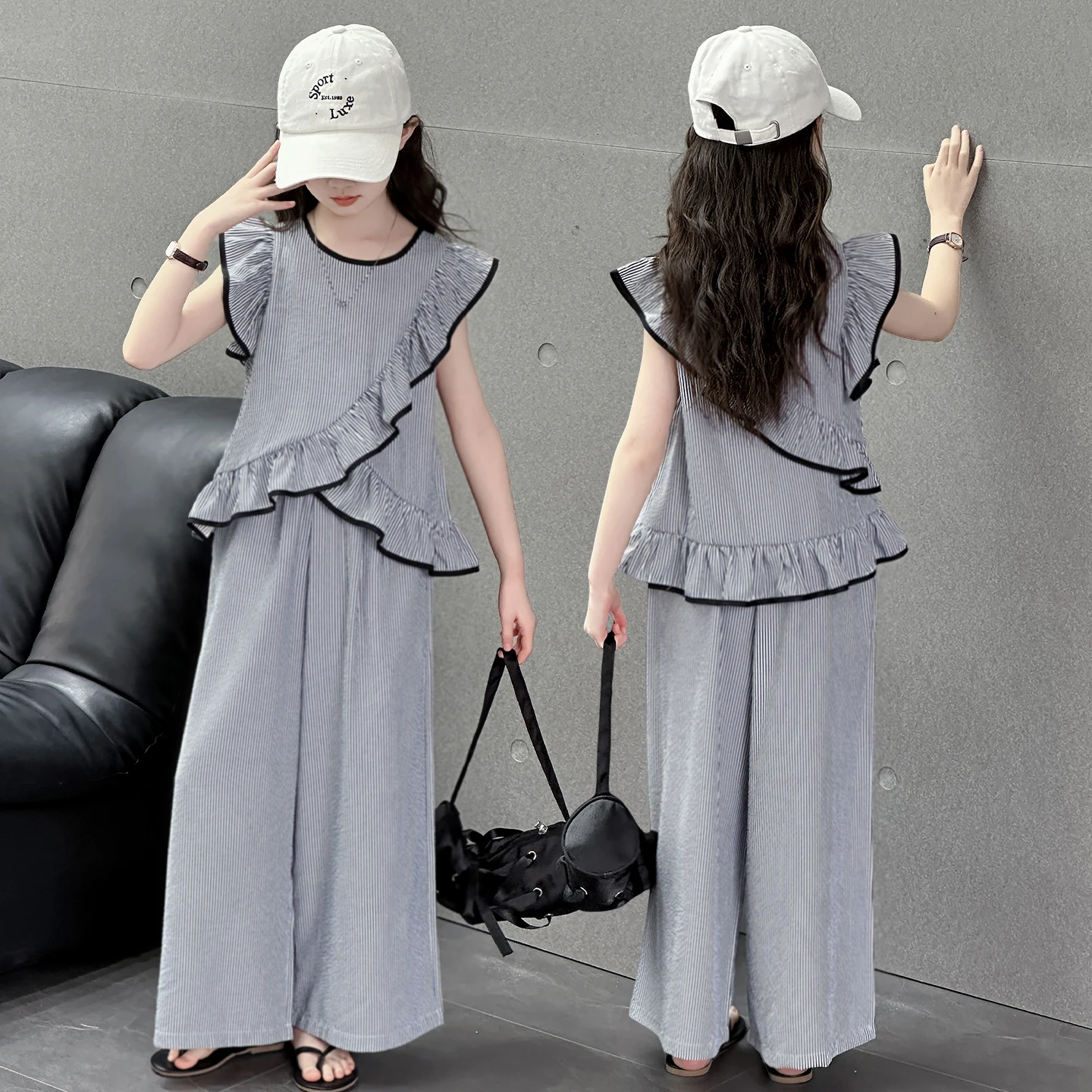 Child Asymmetrical Summer Clothing Set With Ruffles for Girls Irregular Flounce Top + Pants Two Piece Suit Elegant Kids Clothes