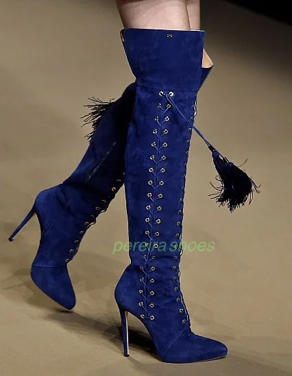 

Женские замшевые сапоги выше колена с кисточками, острый носок, шпилька, темно-синий сексуальный дизайн, подиумная обувь, размер на молнии 34-46