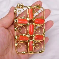 APDGG 2Pcs Big Gold Plated Orange Coral Rectangle Freedom Connector Pendant For Pearl Necklace Pendant Jewelry DIY