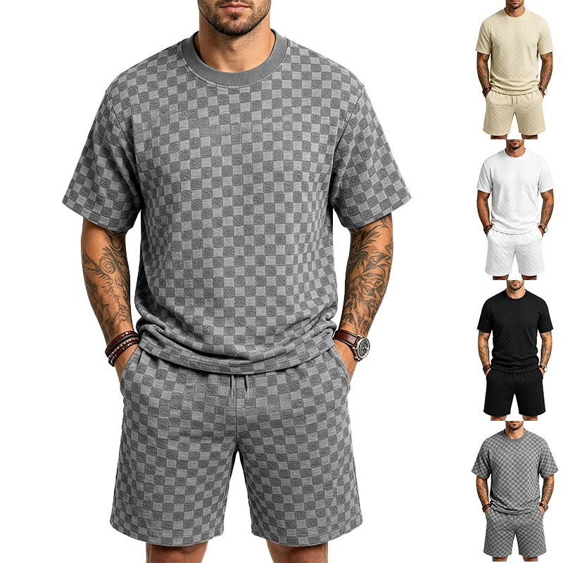 Men Chessboard Grid Jacquard Short Sleeve Tee Elastic Drawstring Shorts 2 Pieces Summer Casual Outfit Set