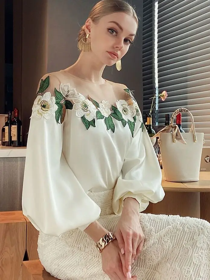 Luxury Flowers Embroidery Mesh Stitching Satin Shirt Sweet Long Sleeved Faux Silk Blouses Loose OL Gauze Glossy Crop Tops Blusas