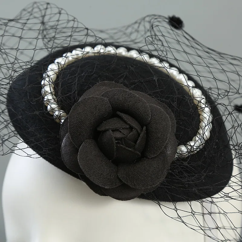 Black Velvet Camellia Mesh Top Hat Flower Top Vintag Net Black Velvet Flat Hat Elegant Style Mesh Design Bridal Headwear