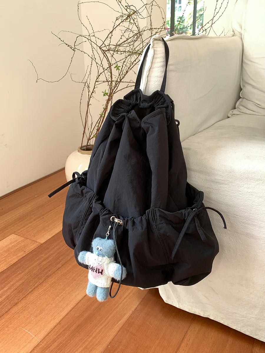 Mochila de Nylon Ruched Korean Bowknot Drawstring para Mulheres, Mochilas escolares para meninas, Design de nicho, Summer Beach Travel