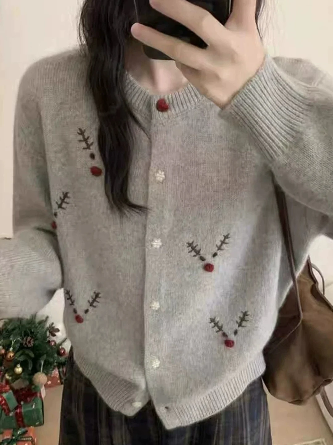 Autumn Winter Women's Loose Casual Embroidered Open Cardigan Warm Knitwear Sweater Outerwear Versatile Plant Floral Pattern