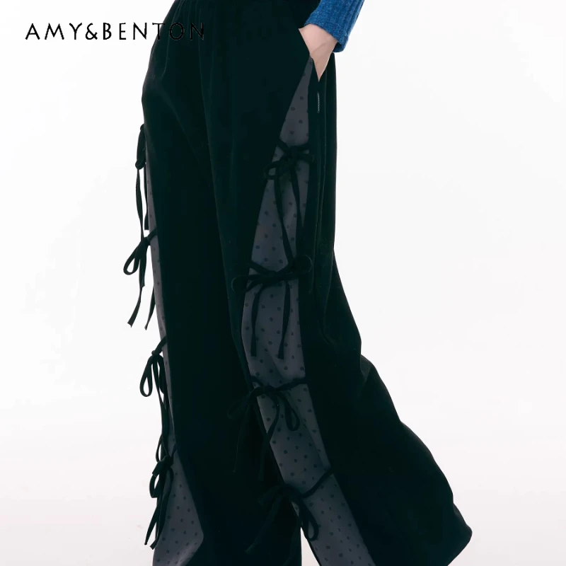 

2026 Spring New Sweet Cool Black Women's Trousers Retro Design Cute Bow Polka Dot Splicing Y2k Loose Casual Long Pants Ladies