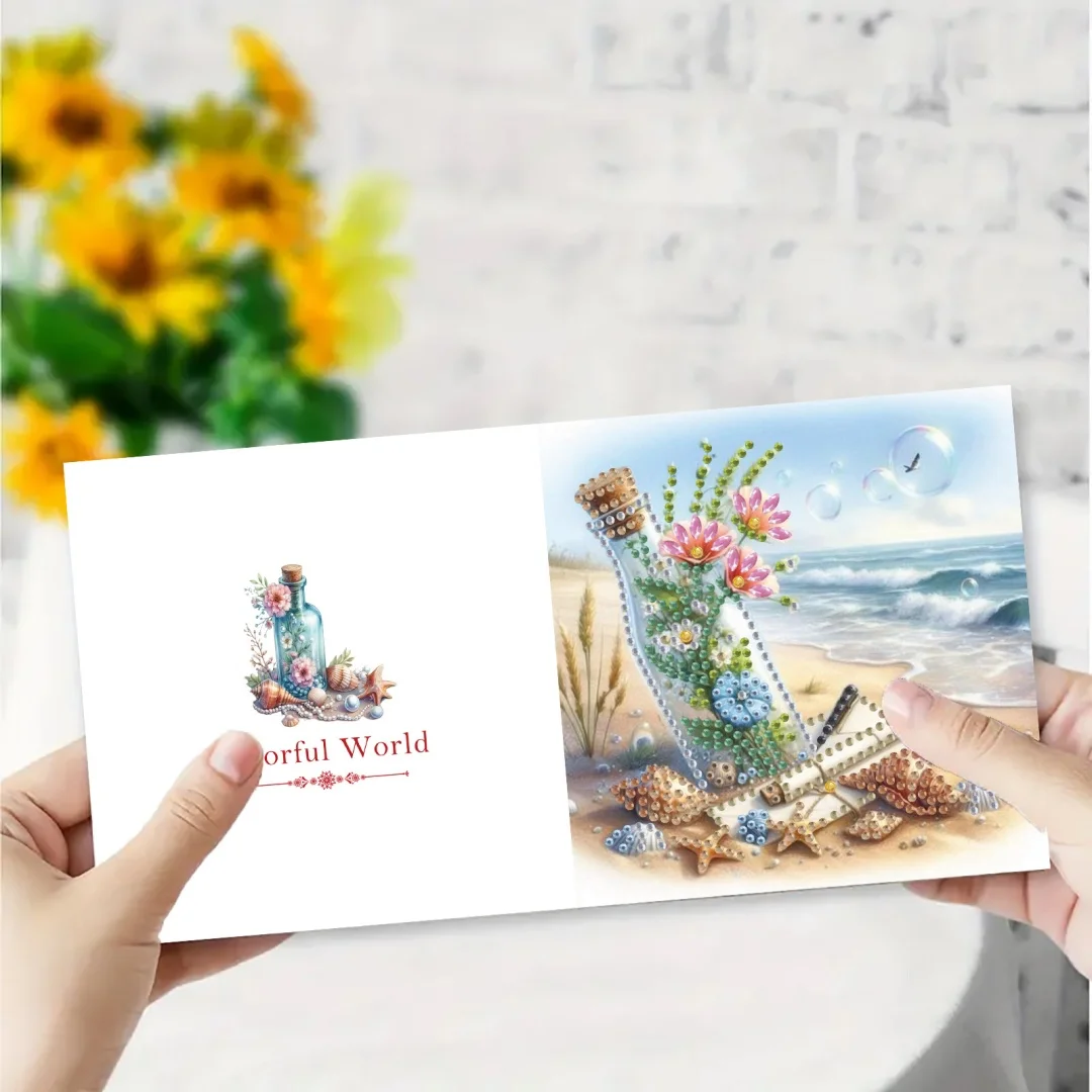 6-Piece DIY Diamond Painting Kit Sea Theme Greeting Card, Blessings and Wishes, Irregular Shape Diamonds, Paper Material