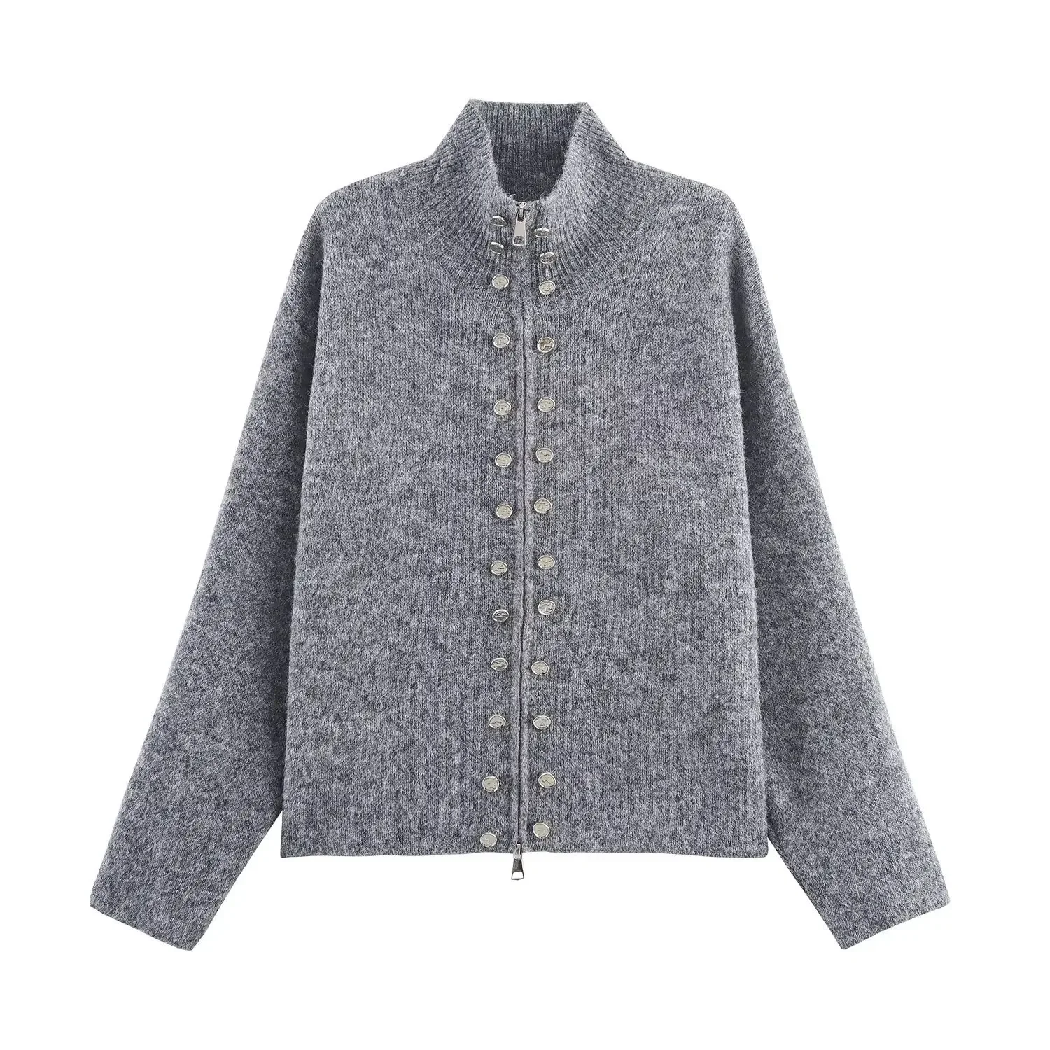 

ZBZA Woman's Cropped Knitted Cardigan Stand Collar Double-breasted Zipper Solid Color Sweater Lazy Style Early Autumn Chic Coat