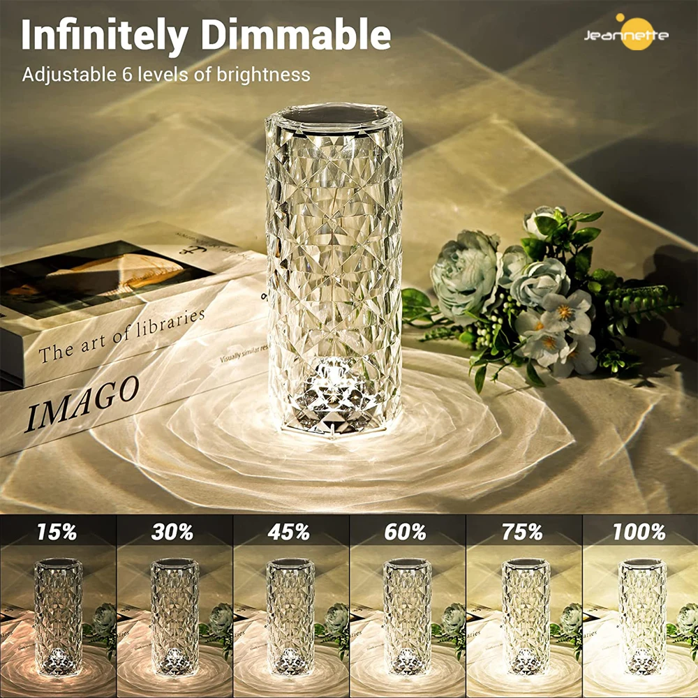 LED Crystal Table Lamp Rose Light Projector 3/16 Colors Touch Adjustable Romantic Diamond Decorate Light USB Touch Night Light
