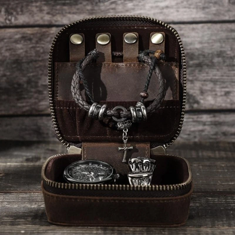 

J78F Компактные кожаные сумки из воловьей кожи с ювелирными изделиями Стильный ящик для хранения часов