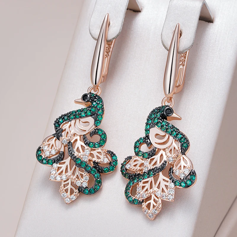 Kinel Hot Green Natural Zircon Peacock Drop Earrings For Women 585 Rose Gold and Black Plating Vintage Animal Daily Punk Jewelry