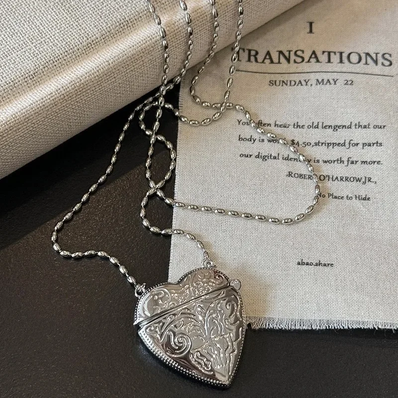 Y2K Romantic Heart Locket Pendant Openable Female Silver Color Sweater Chain Necklace For Women Men Fashion Memorial Jewelry