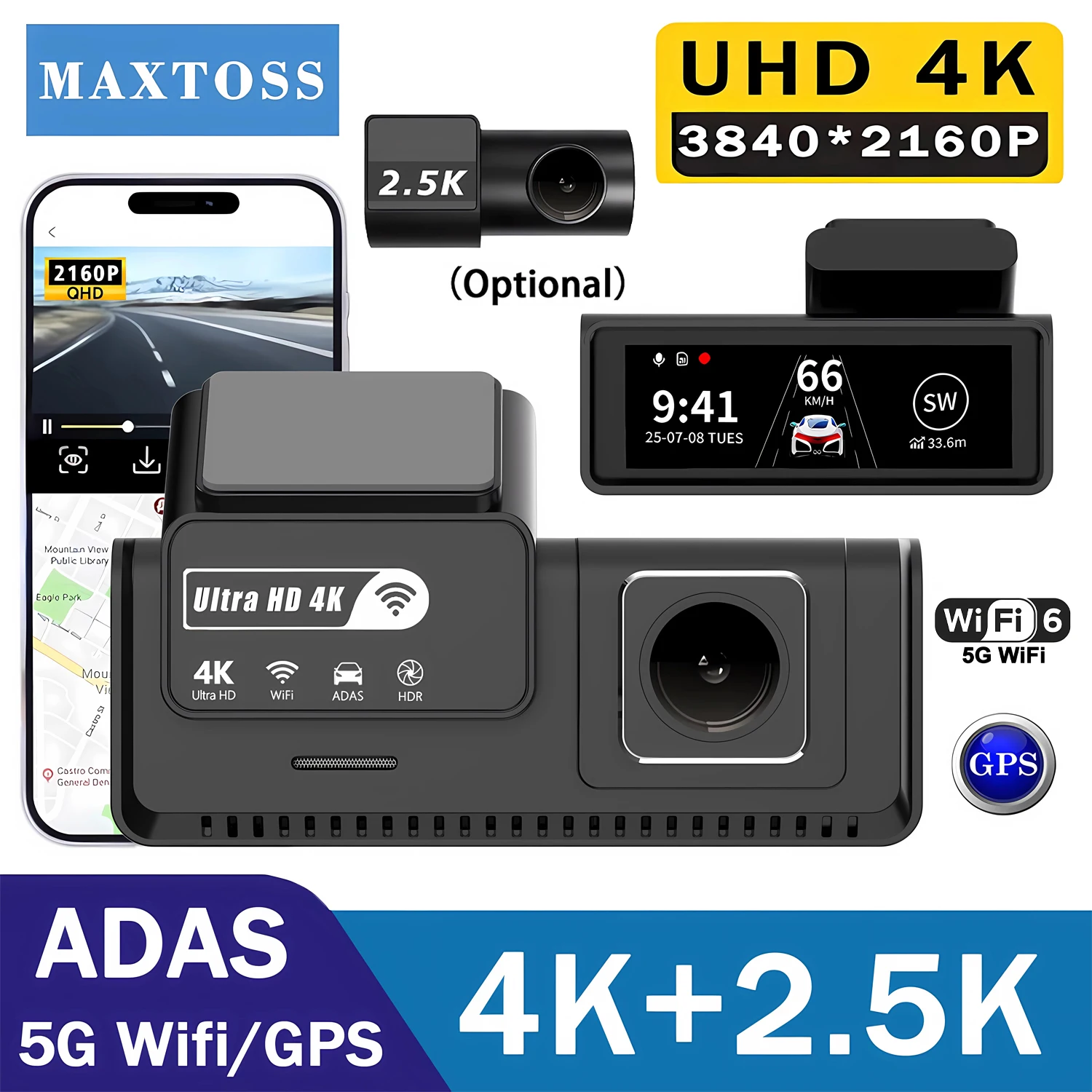 

ADAS 4K+2.5K Dash Cam Dual Lens 2160P Recording Car Camera Built-In WiFi GPS DVR Dashcam Night Vision Video Recorder 24H Parking