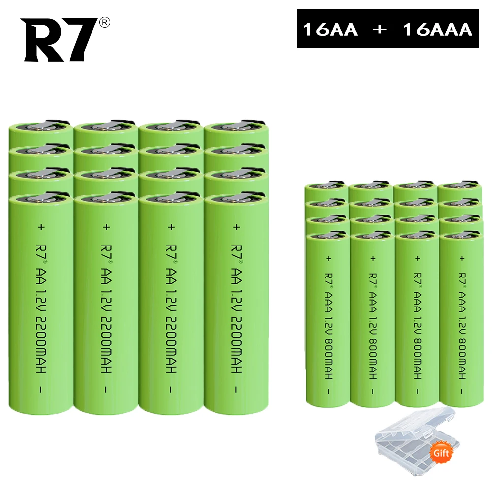 1.2V 16pcs AA2200mah+16pcs AAA800mah Rechargeable Battery Ni-MH Green Shell with Welding Tabs for Toothbrush Electric Shaver