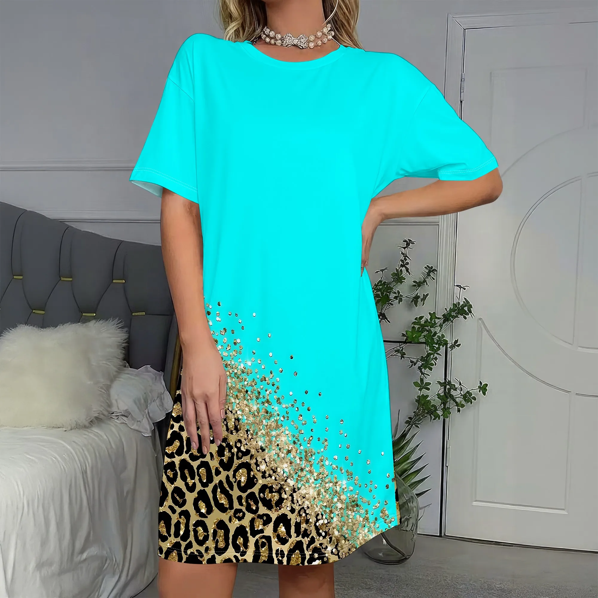 

Turquoise Leopard Print Dress, Short Sleeve T-Shirt Dress, Glitter Ombre Pattern, Casual Summer Wear for Women, S-2XL