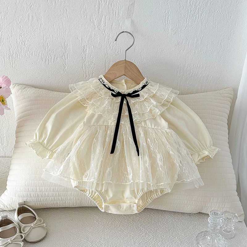2026 New Spring 0-24M Baby Girl Clothing Newborn Baby Girls Bodysuits Long Sleeved Cotton Lace Splicing Infant Baby Jumpsuit
