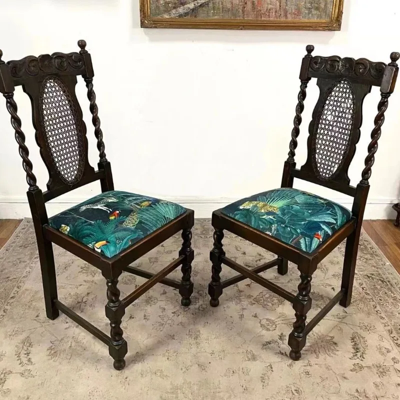 Medieval American retro solid wood dining chair rattan art light luxury high backrest dining chair small household book chair