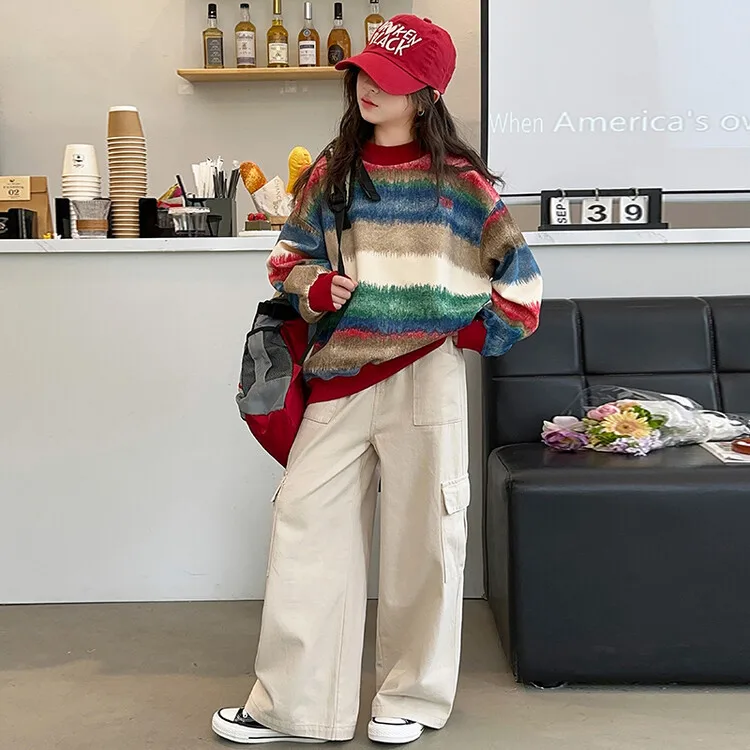 

Kids Girls Autumn 2pcs Sets Striped Round Neck Sweater+Elastic Waist Solid Pant Children Girls Suits 4-14Y Girls Casual Outfit