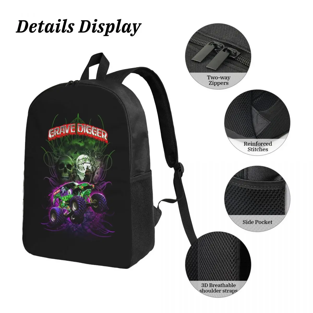 Zaino classico modello Monster Jam Truck Zaino per ragazzi e ragazze Borsa da scuola Borse a tracolla per laptop Borsa da pranzo isolata 3ps Astuccio