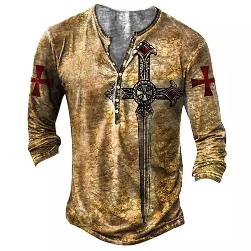 Vintage Cotton Men\'s T-shirts 3D Printed Knight Gothic Long Sleeve Casual Henley Shirt Oversized Top Tee Shirt Man Punk Pullover