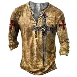 Vintage Cotton Men's T-shirts 3D Printed Knight Gothic Long Sleeve Casual Henley Shirt Oversized Top Tee Shirt Man Punk Pullover