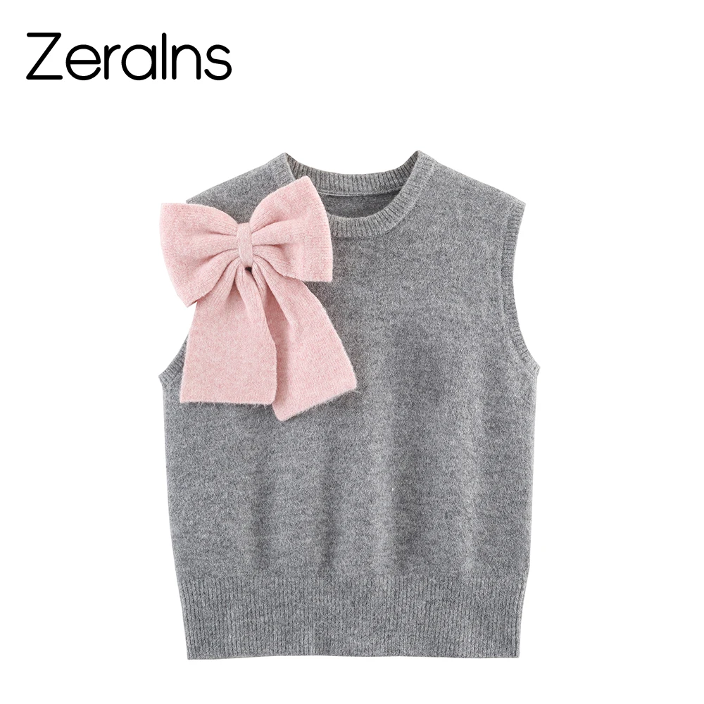 

ZERAINS Pink bow embellished vest style knitted sweater for autumn sweet and youthful layering sleeveless sweater vest clip