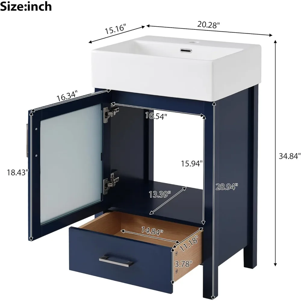 Mobile lavabo "20" in ceramica blu con ampio spazio di archiviazione, perfetto per bagni compatti