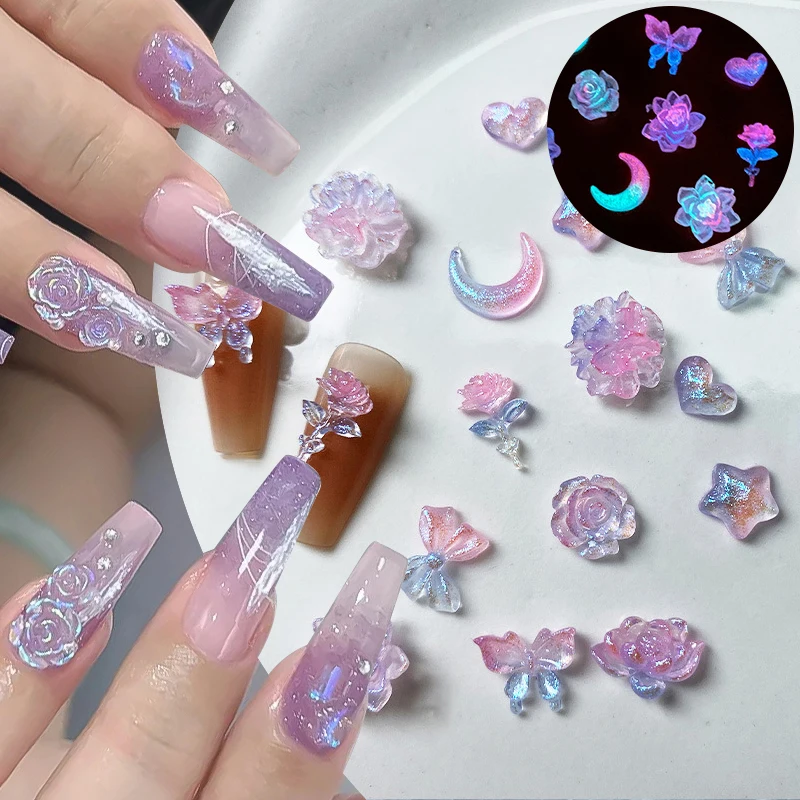 30Pcs Aurora Luminous Rose Flowers Nail Art Charms Grow-In-Dark Mixed Heart Butterfly Kawaii Nail Decorations DIY Manicure Parts