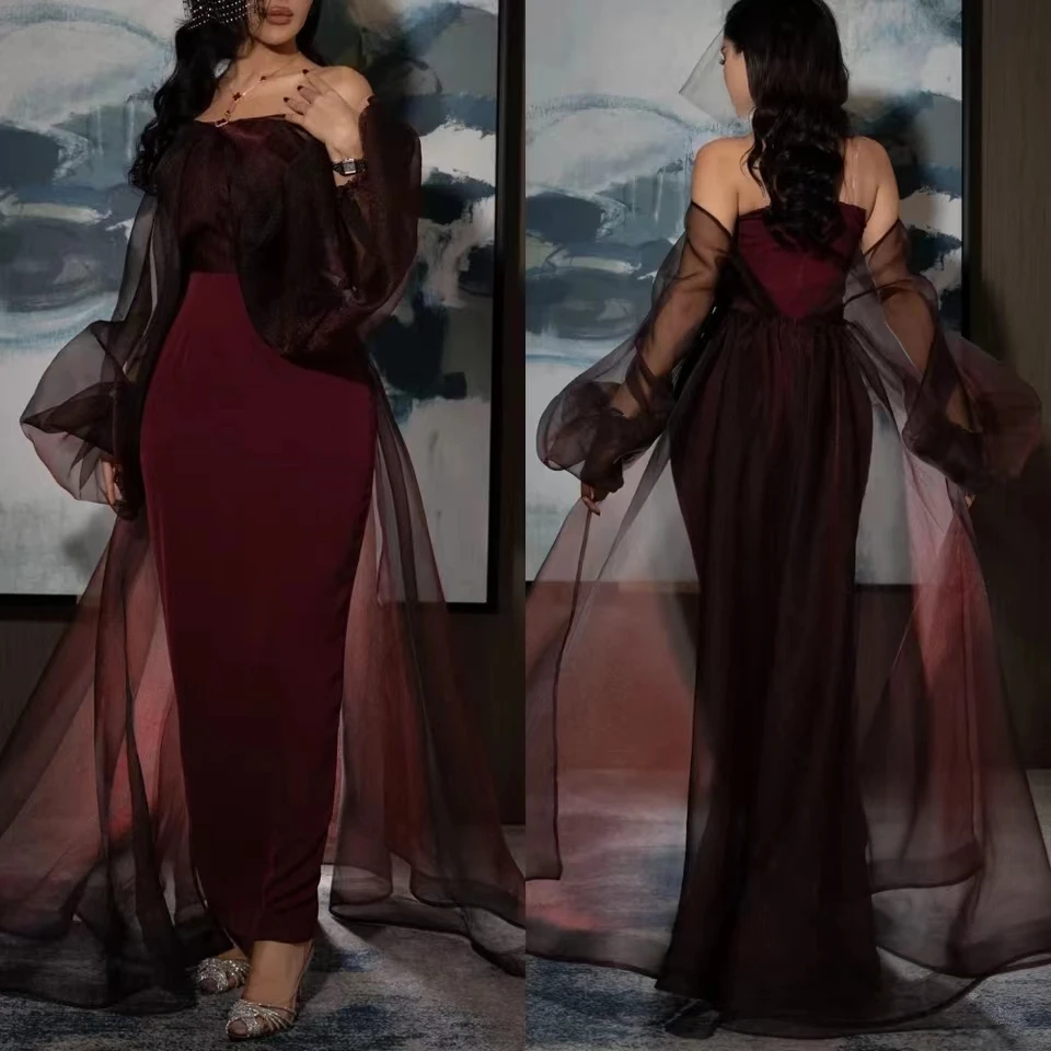 Dark Burgundy Evening Dress 2024 Off the Shoulder Column Women\'s Evening Gowns Maxi Puff Sleeves Elegant Formal Party Dresses