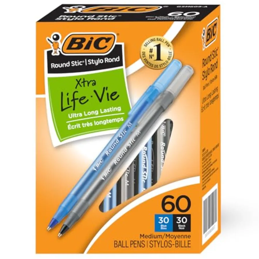 

Round Stic Xtra Life Pens, Medium Point 1.0 mm, 30 Black and 30 Blue Ink Pens, Pack of