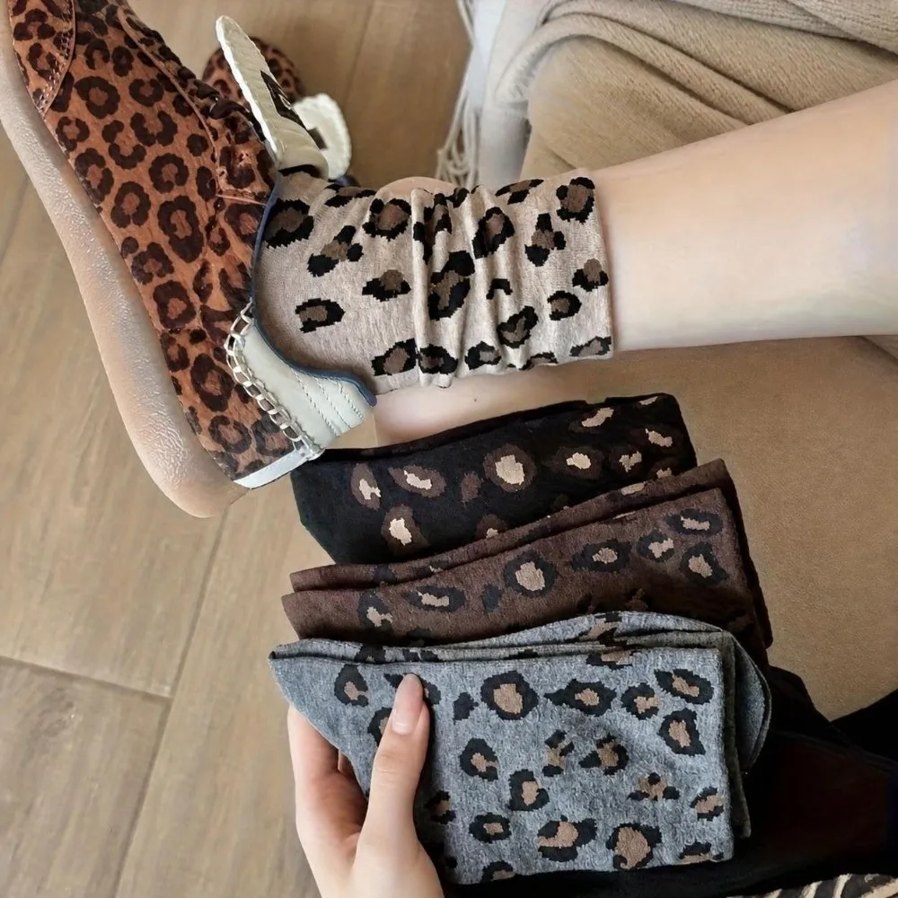 1pair Polyester-cotton Leopard Print Socks Breathable Fabric Y2K Style Mid Tube Socks Retro Sweat Absorbing Ankle Socks