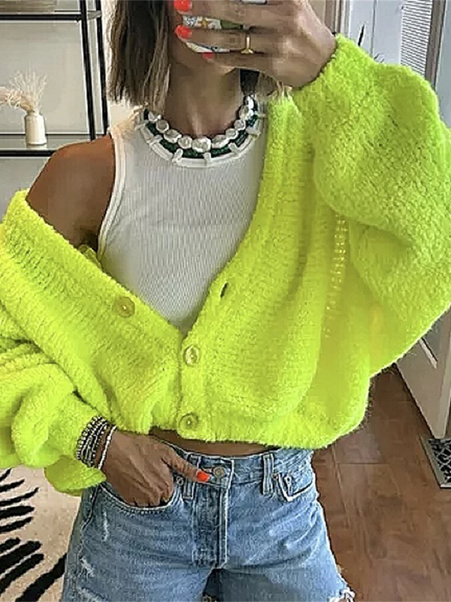 New Fashion Women Solid Color Knit Cardigan V-Neck Fuzzy Long Sleeve Button-Front Closure Sweaters Club Street Style S-XL