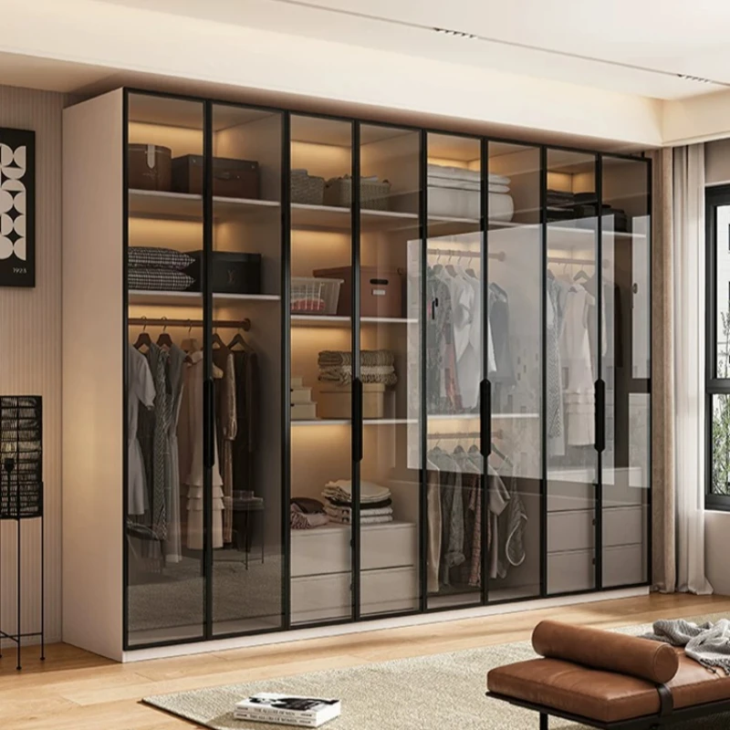 Modern Minimalist Dark Metal Frame Display Armoire Modular Spliced Glass Door Clothes Cabinet with Multi-Layer Partition Storage