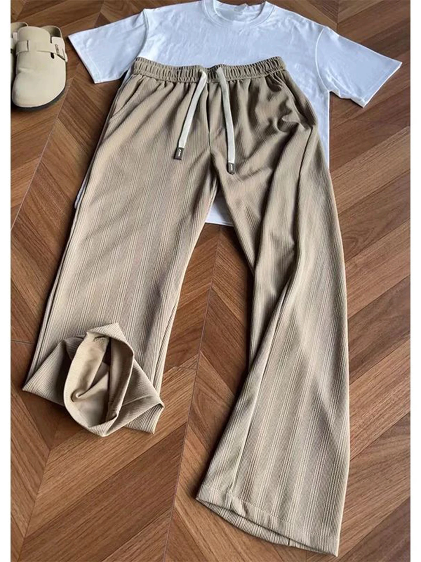 

Loose Wide Leg Casual Pants Men's Summer Lazy Sle Ice Silk Cool Feeling Tassel Decorative Line Straight Cut Pants