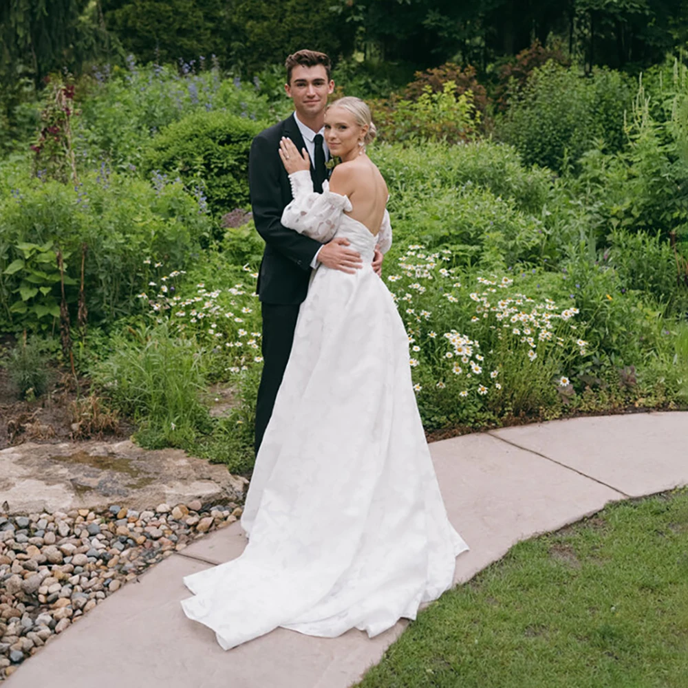 Long Bubble Sleeves Ruched Lace Romantic Wedding Dress Customized Princess Plus Size High Slit Off Shoulder Elegant Bridal Gown