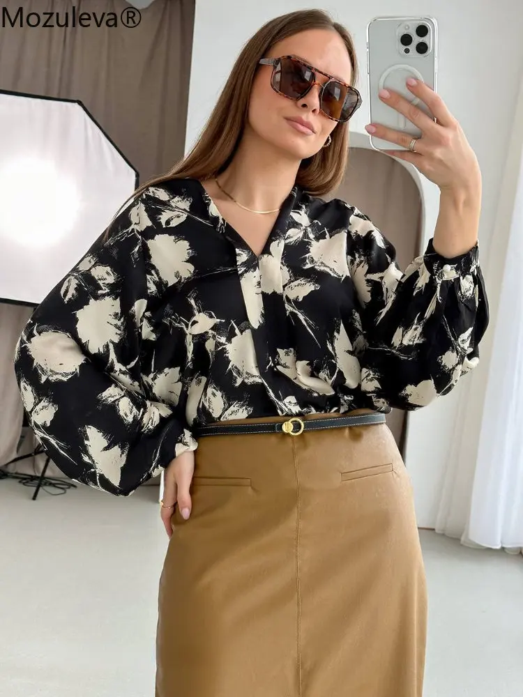 Mozuleva 2023 Loose Single-breasted Female Satin Shirts Tops Spring Summer Chinese Style Ink Printed Lantern Sleeve Women Blouse