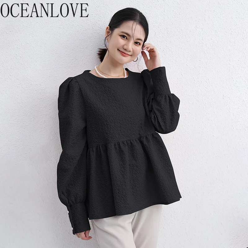 OCEANLOVE Japanese Style Solid Women Blouses Puff Sleeve Autumn Winter Sweet Retro Blusas Mujer Loose Ruffles Elegant Shirts