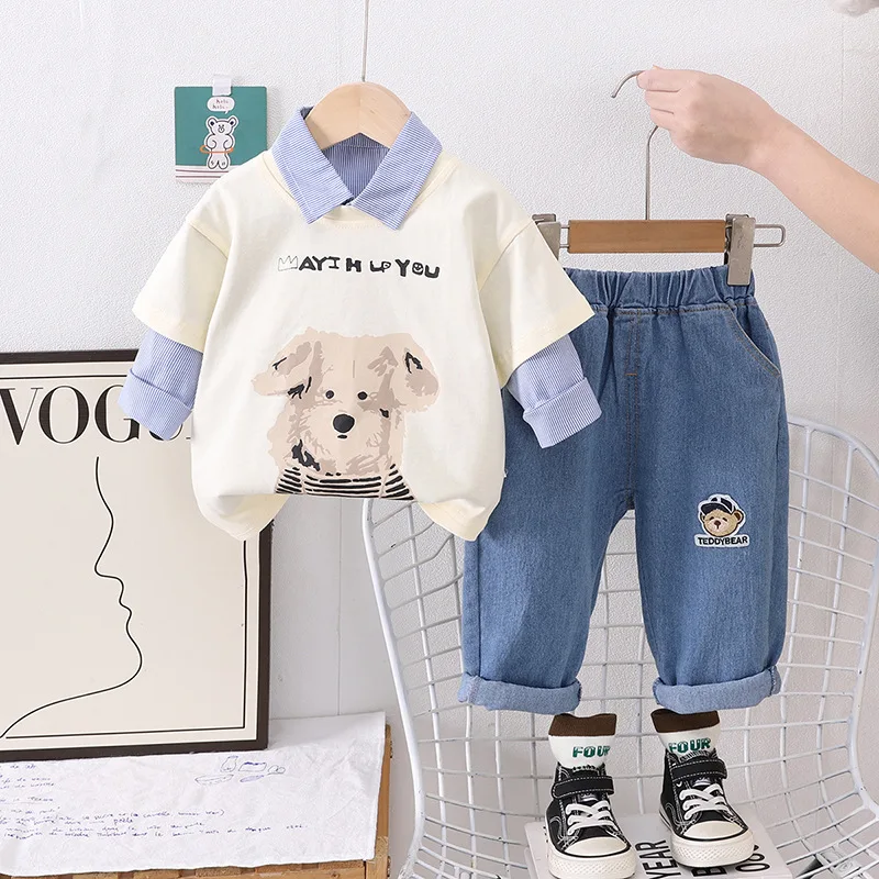 3PCS New Baby Boy Spring Outfit Set 2025 Autumn Cartoon Dog Sleeveless Vest + Striped Shirts + Pants Korean Fashion Kids Clothes