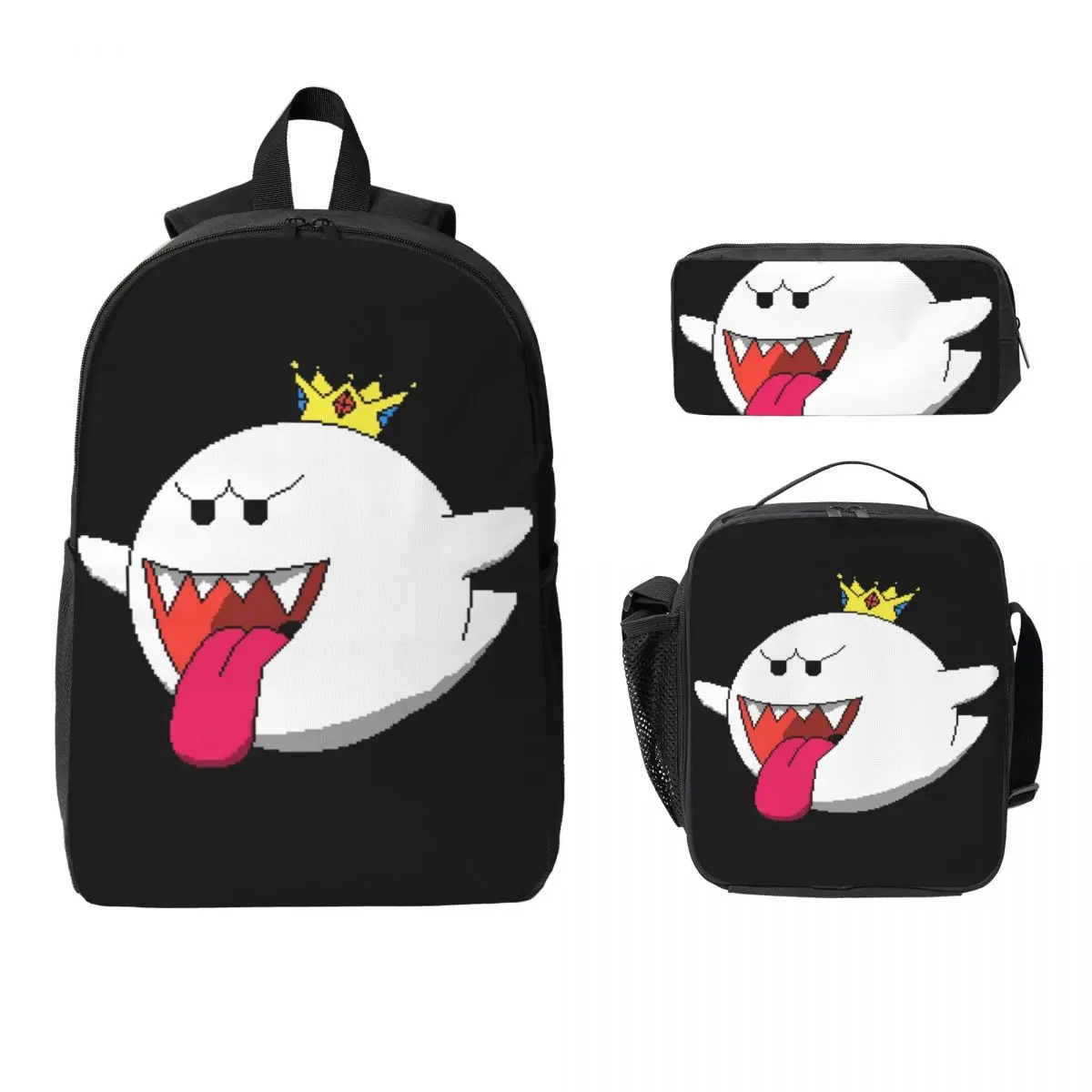 

King Boo Face Backpack Student Boys Girls BookBag School Bag Computer Shoulder Bags 3ps Insulated Lunch Bag Pencil Case