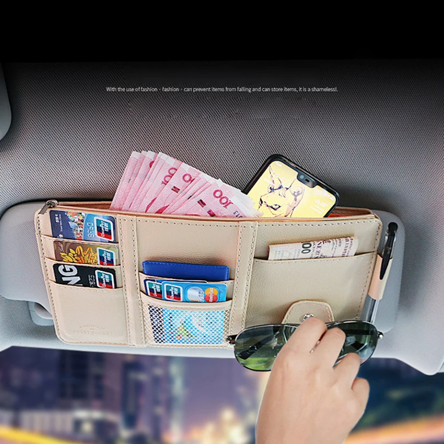 Car Sun Visor Organizer Storage Travel Document Holder With Multi-Pocket PU Leather Cards Receipts Pouch With Zip image 3