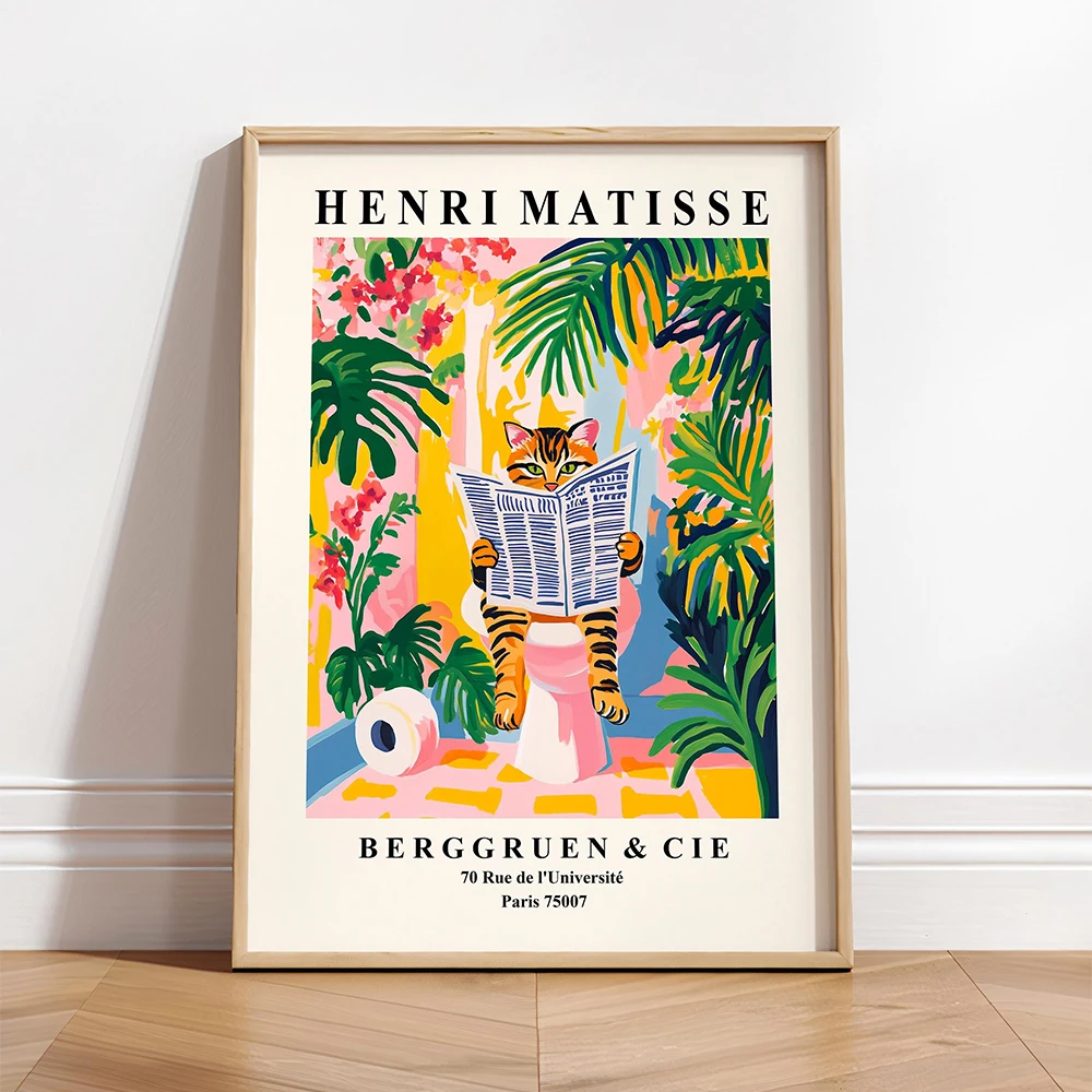 Modern Bathroom Print Leopard Cheetah Tiger Bobcat Wall Art Maximalism Henri Matisse Animal Pictures Pink Tropical Toilet Decor