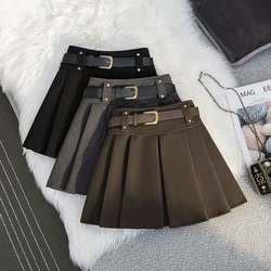 Vintage Woolen Mini Skirt Women with Belt Black Pleated Skirts Fall Winter Korean Preppy High Waist All Match A Line Skirt New
